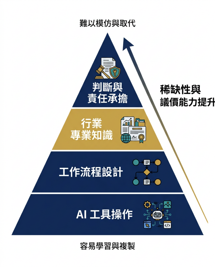 由 AI 工具操作到判斷與責任的個人能力金字塔