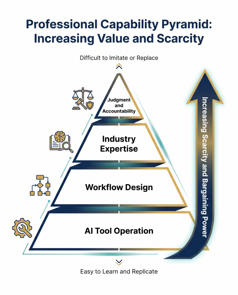 A personal capability pyramid from AI tool operation to judgment and accountability