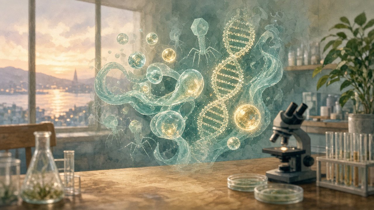 Bay Area lab window light over a wooden bench; teal-and-gold translucent forms around a DNA helix and phage motifs (editorial illustration — no text or logos; not a real lab record).