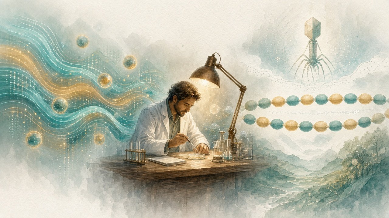 Body: Progression from parallel agent search ribbons (left), to a scientist validating at the bench (centre), to an evenly spaced CRISPR-like repeat ribbon and phage motif (right) (illustration — not a real UI or lab photo).