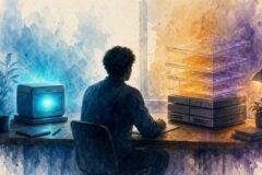 效率軌道與高記憶體軌道並置的桌上型本機 AI 意象