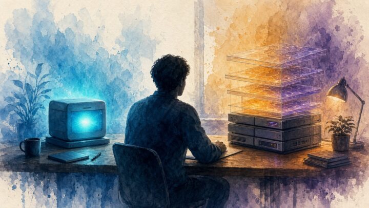 效率軌道與高記憶體軌道並置的桌上型本機 AI 意象