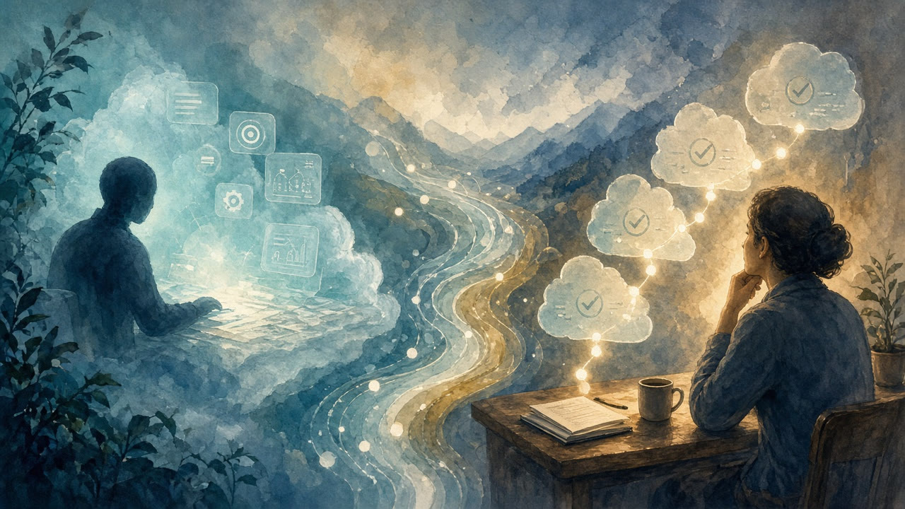 Body: Left, an agent silhouette on its own cloud workstation; right, user-side approval and activity-review cues; read-only information stream in the background (illustration — not a real UI).