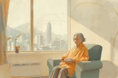 長者在家中安靜品茶,窗外可見香港城市天際線(意象插畫)