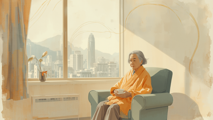 長者在家中安靜品茶,窗外可見香港城市天際線(意象插畫)