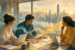 香港辦公/城市工作場景中,職員協作處理事務,象徵人機協作與勞動轉型