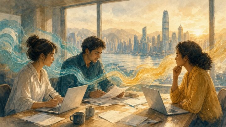香港辦公/城市工作場景中,職員協作處理事務,象徵人機協作與勞動轉型