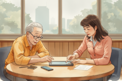 圖:長者與導師在社區課室一同使用平板電腦學習數碼技能(意象插畫,非實際課程現場或介面)。
