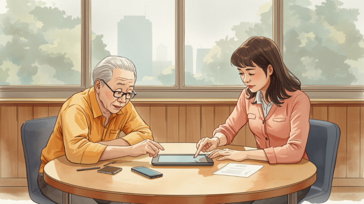 圖:長者與導師在社區課室一同使用平板電腦學習數碼技能(意象插畫,非實際課程現場或介面)。