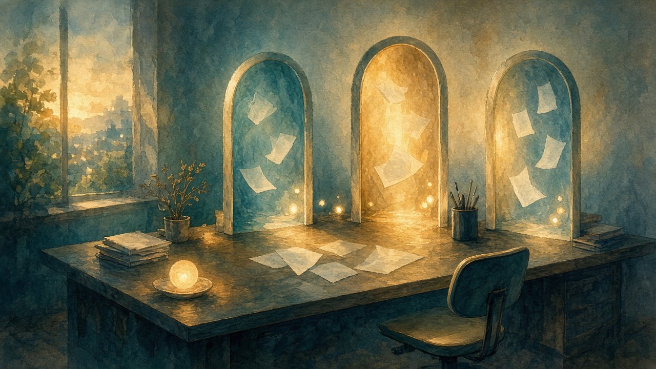 Warm office desk with three soft luminous doorway portals (Home / Code / Autopilot metaphor) and abstract document sheets in teal-gold light (editorial illustration — no text or logos; not a product UI).
