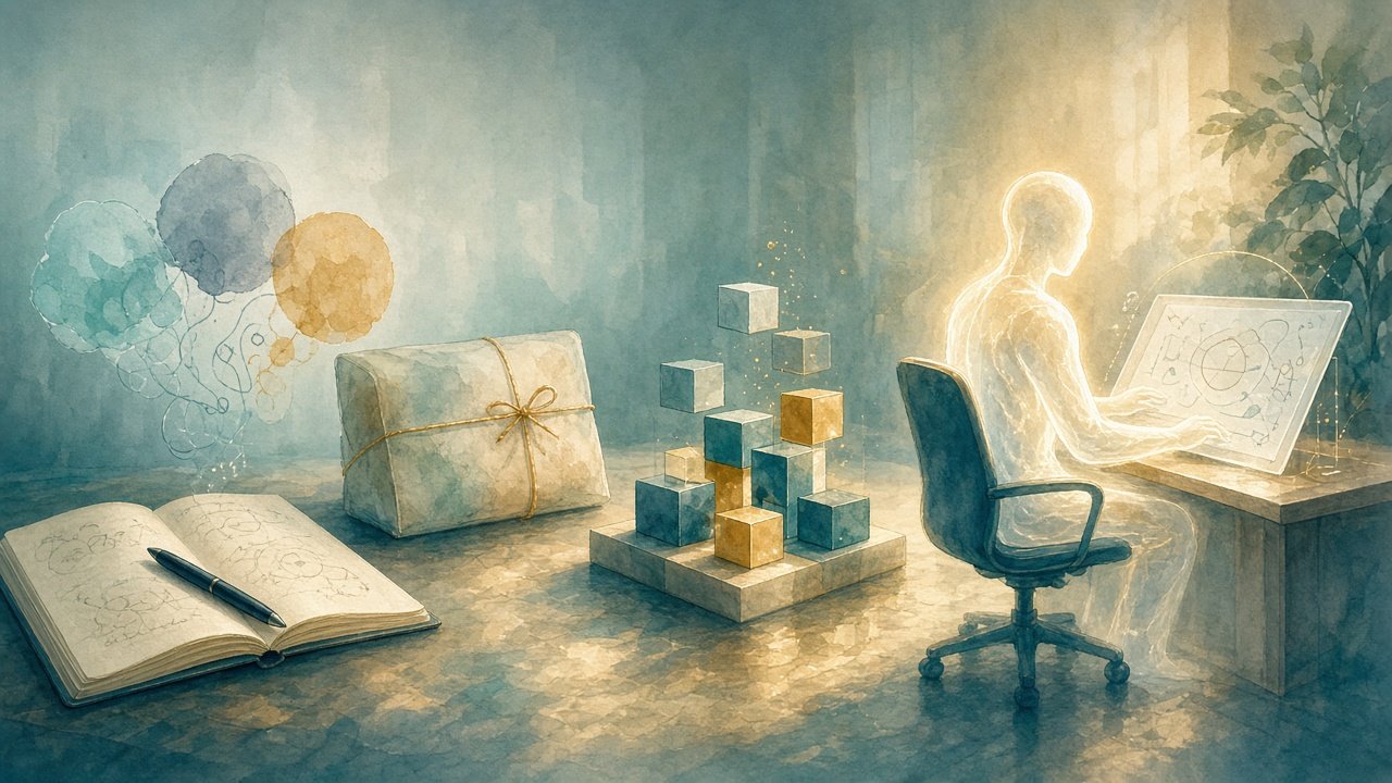 Body: Progression from conversation bubbles (left), through a delegated task parcel and sandboxed building blocks (centre), to an agent silhouette still working beside an empty desk (right) (illustration — not a real product screenshot).