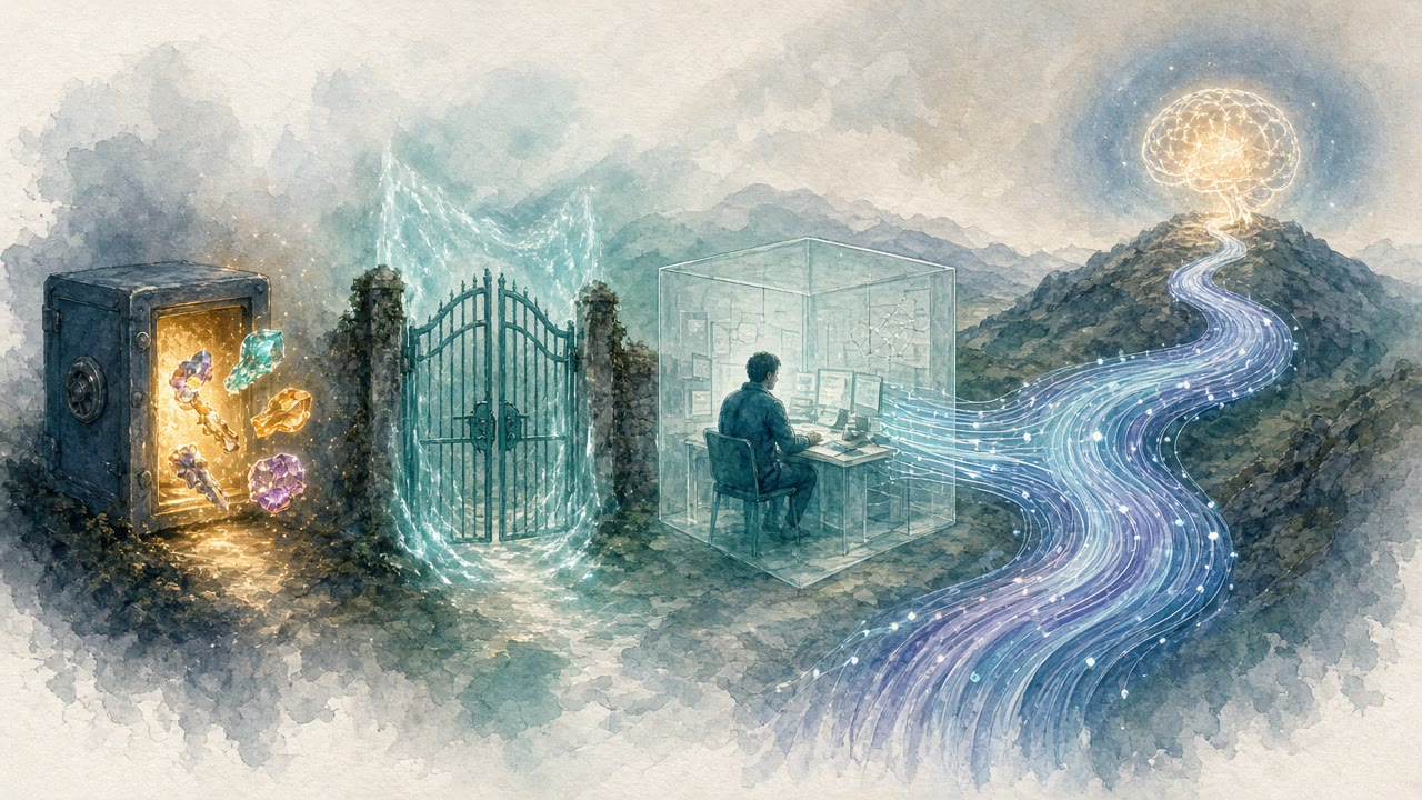 Body: Progression from credentials locked in a vault, through a deny-by-default gate and an agent working in a sandbox, to a separate silicon watch path toward the model brain (illustration — not a real UI).