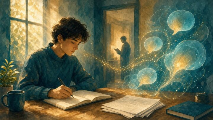 圖:暖色書桌前學生複習,身旁柔光 AI 輔導光暈與對話氣泡,遠處淡化真人導師剪影以弧線相連(意象插畫,無文字、無標誌,非實際介面)。