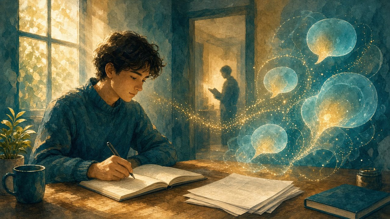 圖：暖色書桌前學生複習，身旁柔光 AI 輔導光暈與對話氣泡，遠處淡化真人導師剪影以弧線相連（意象插畫，無文字、無標誌，非實際介面）。