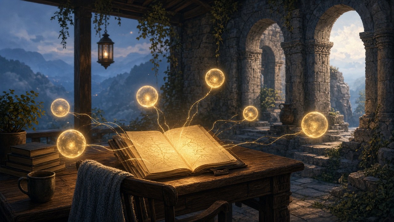 Multiple agent nodes link to an open skill folder on a shared central table, with abstract foundation arches at right — handing an open standard to neutral stewardship (editorial illustration; no text or logos).