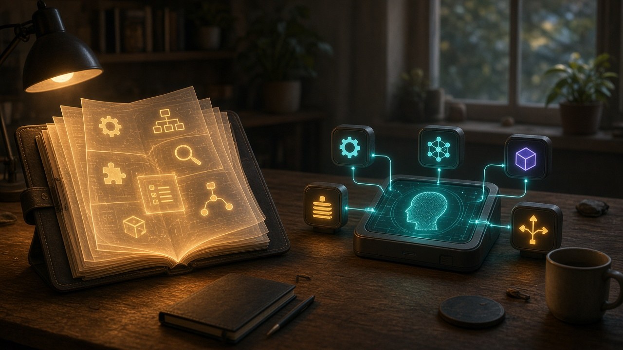 Left, a skill folder carrying procedural know-how; right, an agent workstation that can load multiple specialised nodes — reusable workflows handed to agents (illustration only — no text or logos).