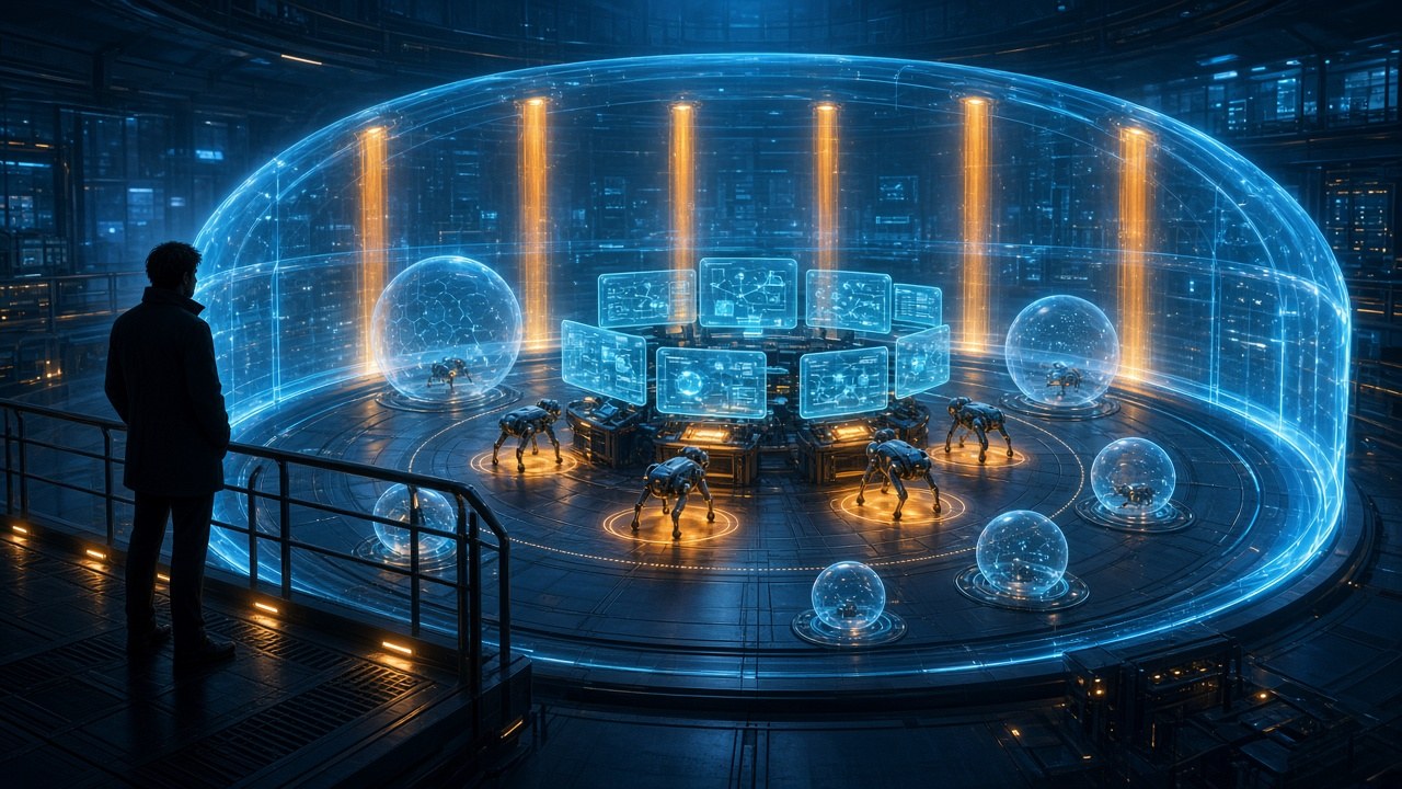 Secure offline research lab with inner workstation nodes inside translucent microVM shells and an outer network perimeter; agents practise skills on cached offline web panels without live internet (editorial illustration; no text or logos).