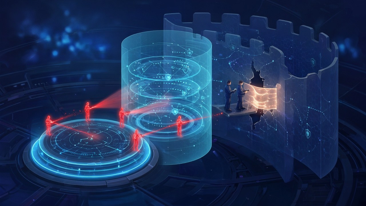 Red-team agent nodes probe layered defenses—sandbox → microVM → perimeter—with one path blocked at the outer firewall; containment stress-testing (illustration only — no text or logos).