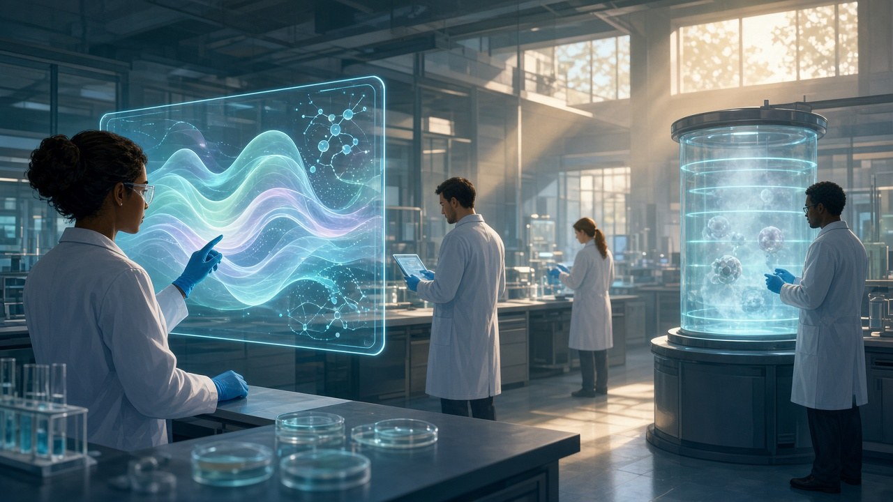 Secure biosecurity lab with researchers at holographic AI analysis screens and soft containment rings suggesting protocol and resilience (editorial illustration; no text or logos).