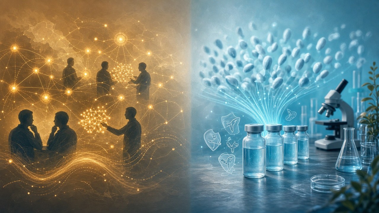 Left: early-detection collaborative network nodes; right: discovery bench accelerating soft vaccine/countermeasure motifs from many candidates to a few validated results (illustration only — no text or logos).