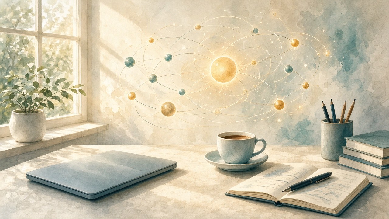 晨間書桌與柔和通知星座／平靜伴行軌道意象，象徵主動式代理人把注意力帶到用戶面前（意象插畫，無文字、無標誌）。