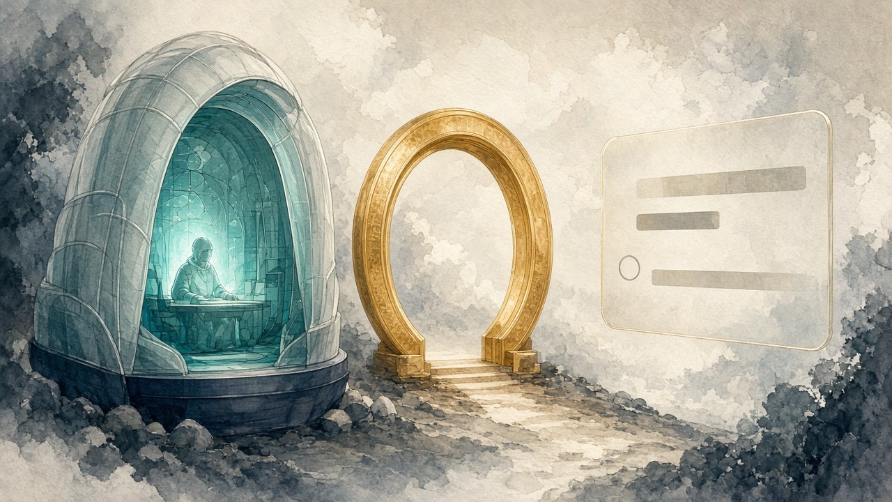 Approval-gate and credential-isolation metaphor: an action card waiting outside a sealed agent workspace, with a gold checkpoint as the approval boundary (editorial illustration; no text or logos).