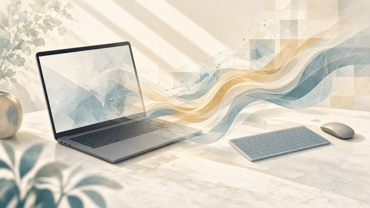 Morning desk with laptop and soft gold-teal data ribbons — visual understanding flowing into computer use (editorial illustration; no text or logos).
