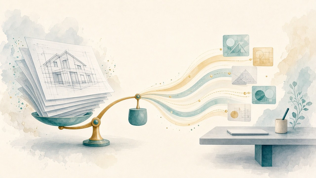 Blueprints on a scale transforming into light abstract action cards toward a clean desk — cost-efficient visual-to-action metaphor (editorial illustration; no text or logos).