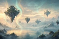 Dreamlike floating landscape islands with soft ambient light — interactive world-simulation metaphor (editorial illustration; no text or logos).