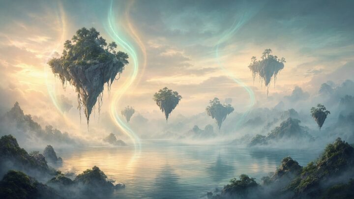 夢幻可探索浮島風景與柔和環境光，象徵即時互動世界模擬（意象插畫，無文字、無標誌）。