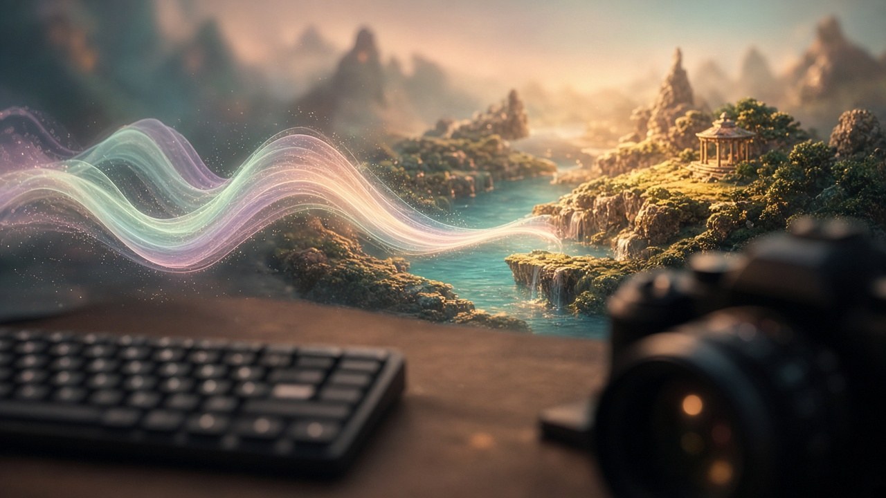 Keyboard/camera steering and audio waves merging into an explorable scene — real-time steering and native audio metaphor (editorial illustration; no text or logos).