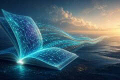 Luminous neural-lattice book unfolding into gold-teal data ribbons toward a dawn horizon — open intelligence and long context (editorial illustration; no text or logos).
