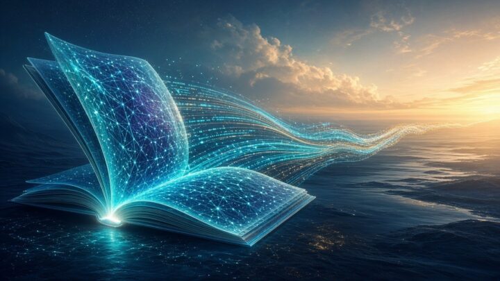 Luminous neural-lattice book unfolding into gold-teal data ribbons toward a dawn horizon — open intelligence and long context (editorial illustration; no text or logos).