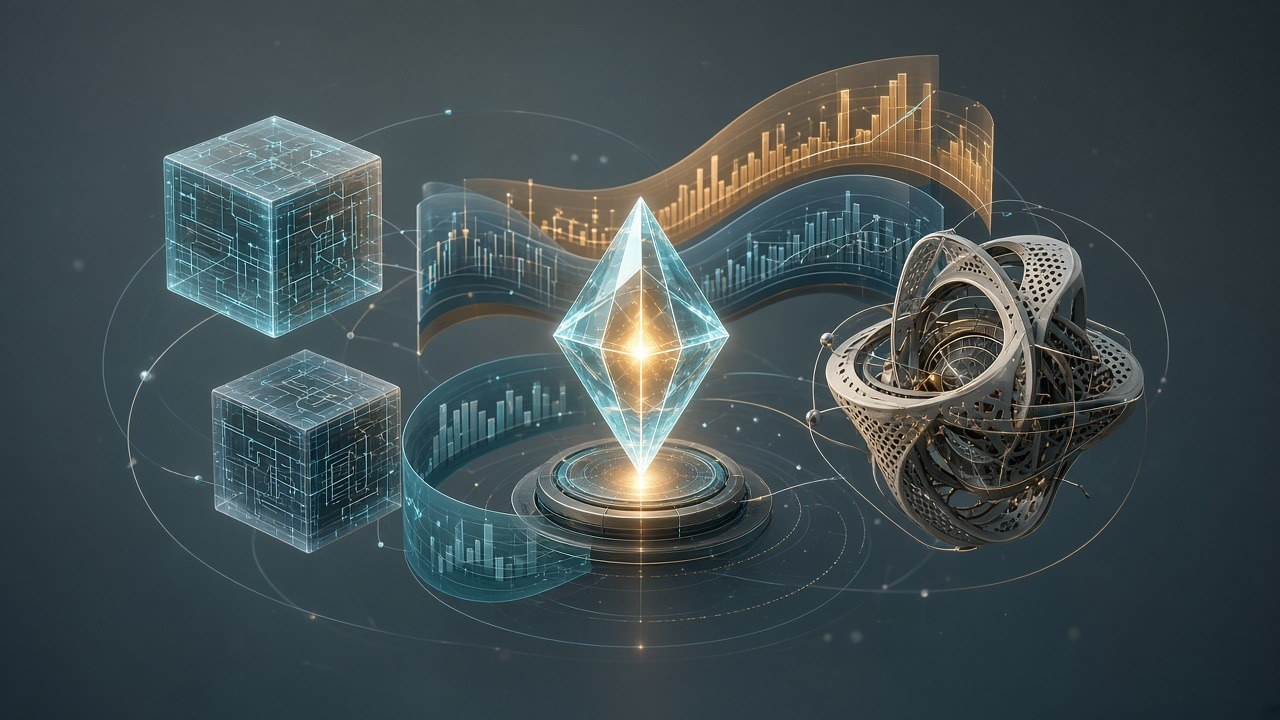 Translucent blueprint cubes, a parametric mechanical form, and financial chart ribbons orbiting a glowing central prism — coding, 3D creation, and financial-research agents (editorial illustration; no text or logos).