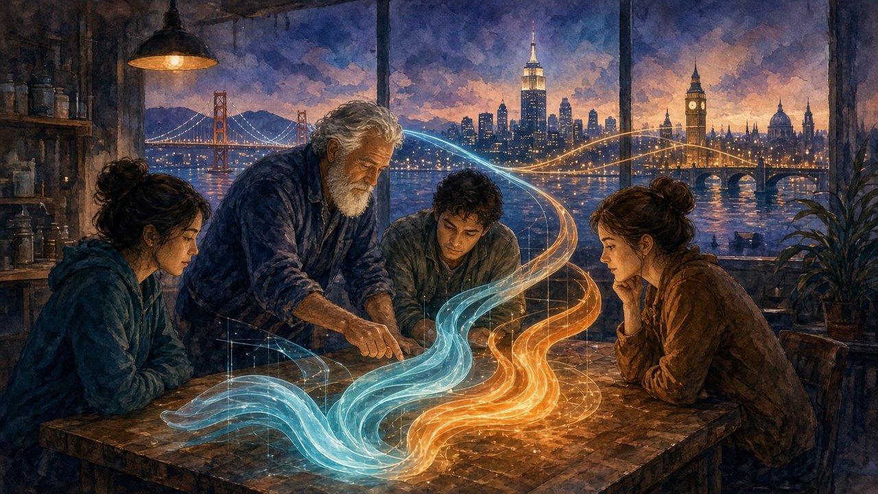 Cover: In a dusk seminar loft, a senior engineer guides learners around a translucent workflow ribbon and workbench; faint three-city skyline hints at cross-city cohorts (editorial illustration — no text or logos; not a real UI).