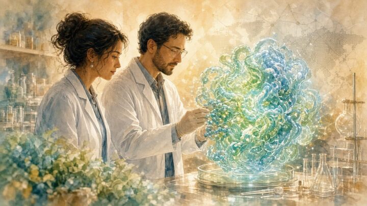 Cover: Researchers in soft lab light beside translucent protein-binding forms — suggesting careful discovery and global-health hope (editorial illustration — no text or logos).