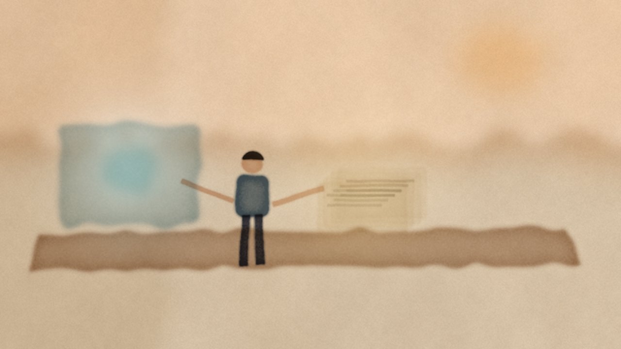 圖：書桌前一人剛放下發光 AI 助手視窗，轉而獨自面對一疊試題，神情猶豫——意象表達短暫 AI 協助後獨立堅持度受考驗（意象插畫，無文字、無標誌，非實際實驗介面）。