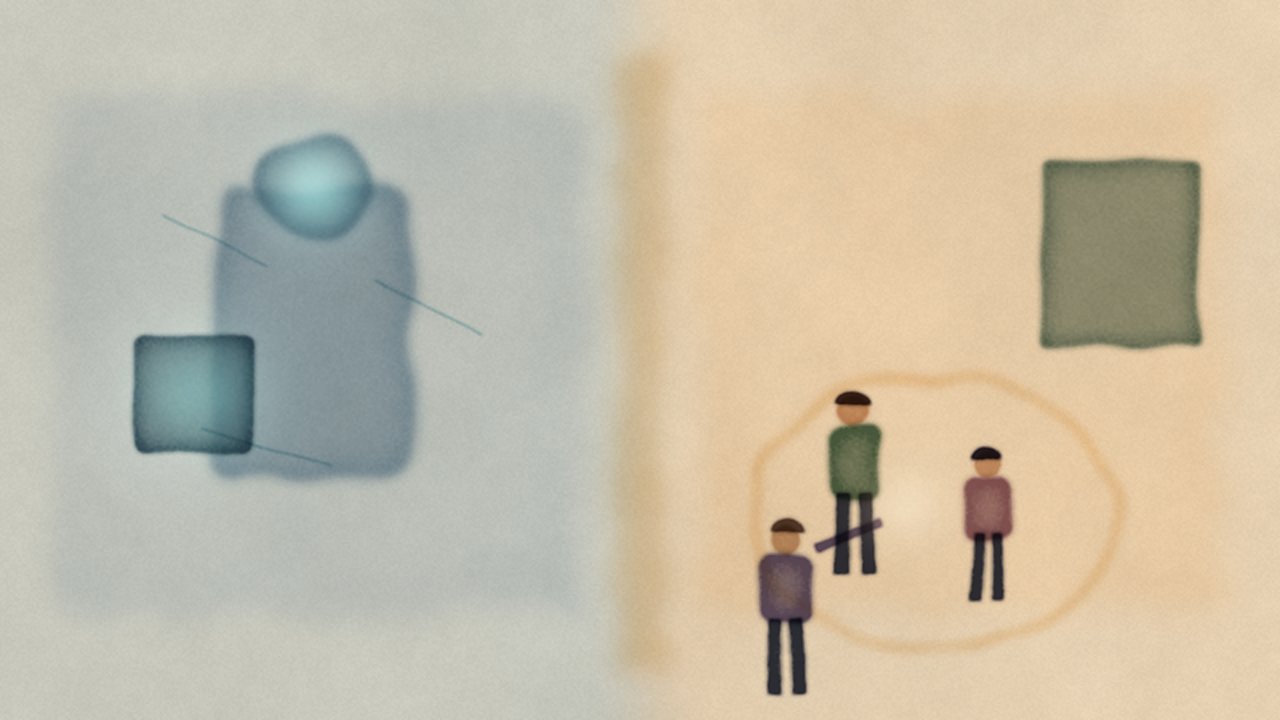 Figure: Left, cool machine-capable tools; right, deliberately human-kept scenes of caregiving, delivering hard news, and classroom teaching—an editorial contrast between “can do” and “should still be human” (illustration only — no text or logos).