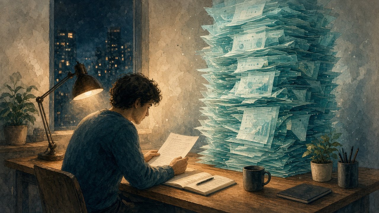 Cover: At a night desk, one person studies a single report while a towering translucent stack of scan findings rises behind—an editorial image of human triage lagging model discovery (illustration only — no text or logos).