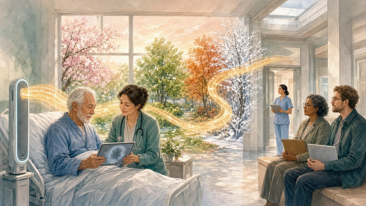 Cover: In a hospital ward at dawn, a doctor and an older patient look at a scan on a tablet while a soft ribbon of light runs from the AI-enabled device at the bedside out through the window and across a garden turning through the seasons — a metaphor for monitoring a product throughout its working life (editorial illustration — no text or logos