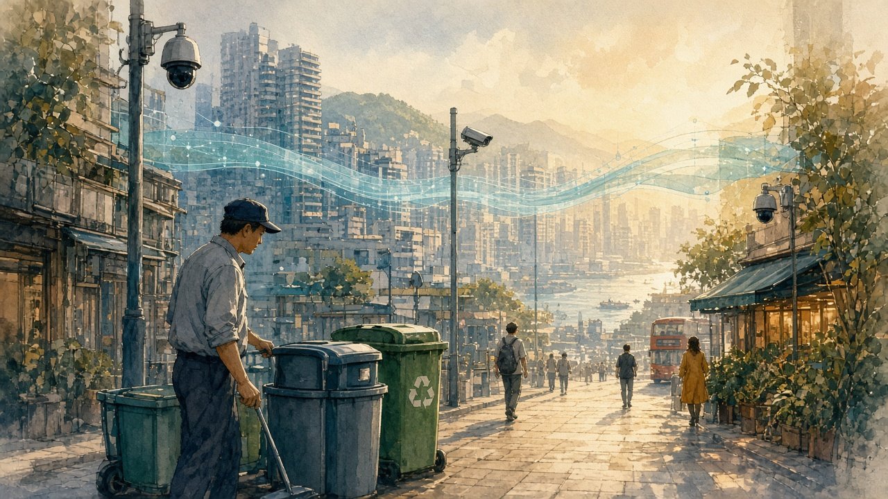 圖：香港街頭衞生與網絡攝錄場景中，人員以數據輔助掌握黑點與服務隊列（意象插畫，無文字、無標誌）。