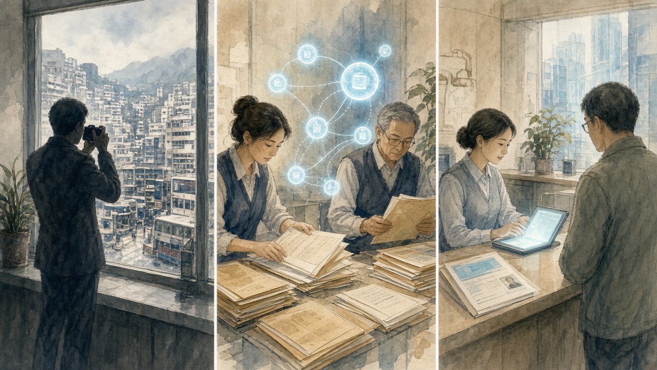 Figure: An indoor joint-office scene — left to right, digitising paper licence forms, triaging seepage complaints, and cross-department referral as three service lanes (editorial illustration — no text or logos; not an actual system screen).