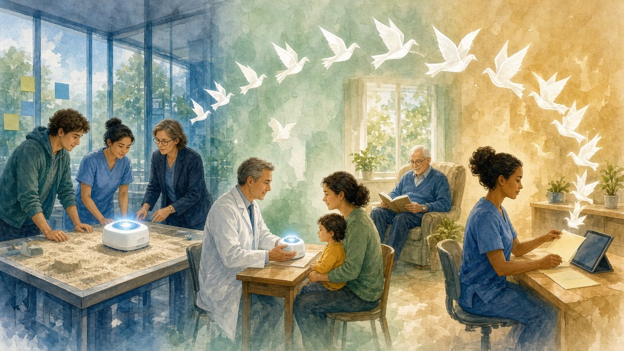 Figure: Left to right — developers and regulators test an AI-enabled medical device in a sandbox workshop, the device goes into use in a clinic and at home, and clinicians report their experience back into the next round of testing (editorial illustration — no text or logos; not an actual device or system screen).