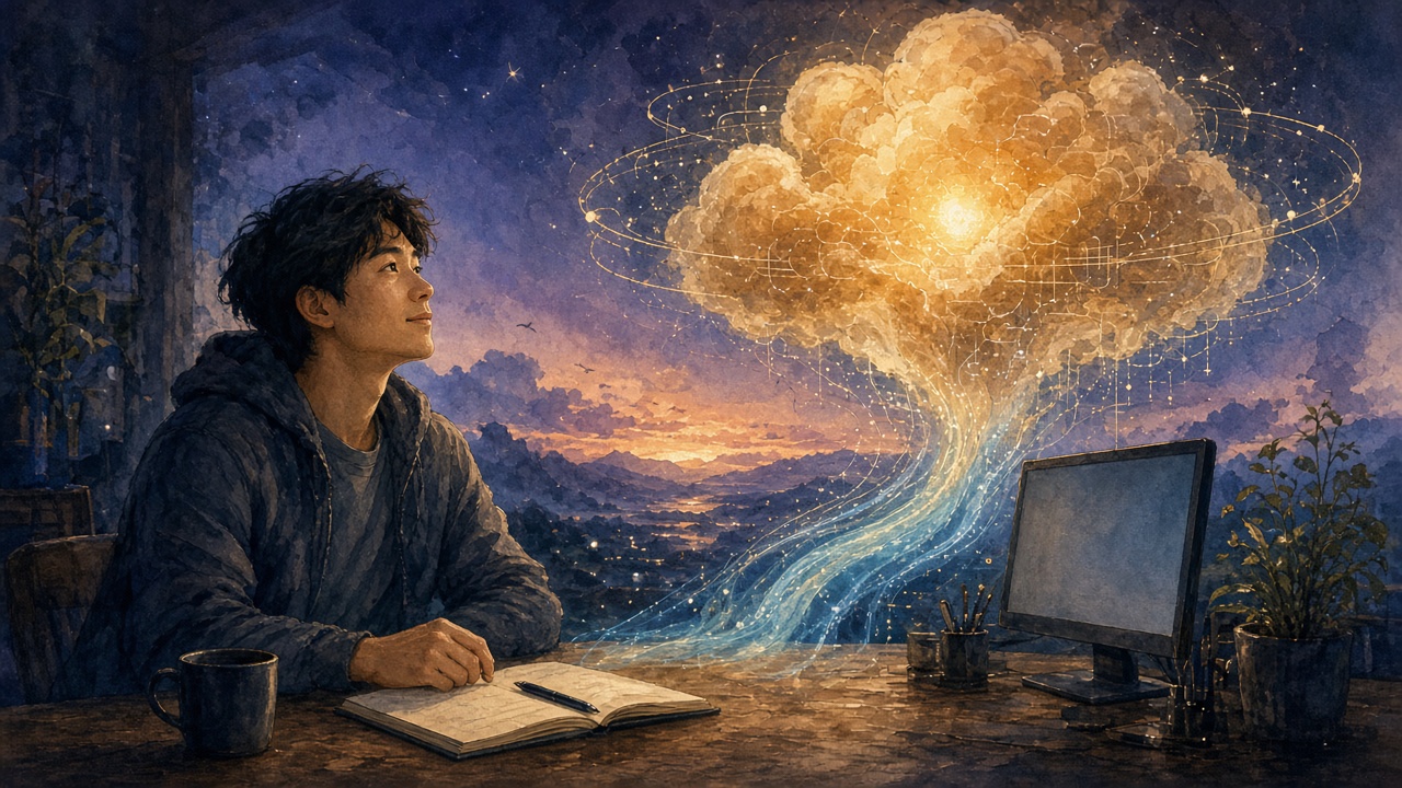 Cover: Engineer at a dusk workbench looking toward a translucent long-horizon reasoning cloud with an amber core; faint protective halo suggesting staged access (editorial illustration — no text or logos; not a real UI).