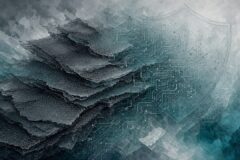 Cool-gray graphite layered geometry fused with soft circuit and defense-shield silhouettes — Carbon and cybersecurity defense (editorial illustration; no text or logos).