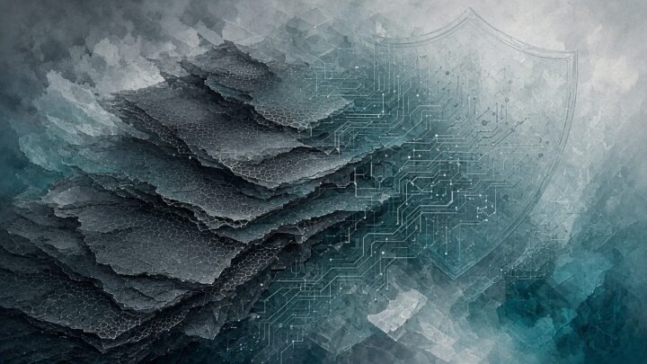 Cool-gray graphite layered geometry fused with soft circuit and defense-shield silhouettes — Carbon and cybersecurity defense (editorial illustration; no text or logos).