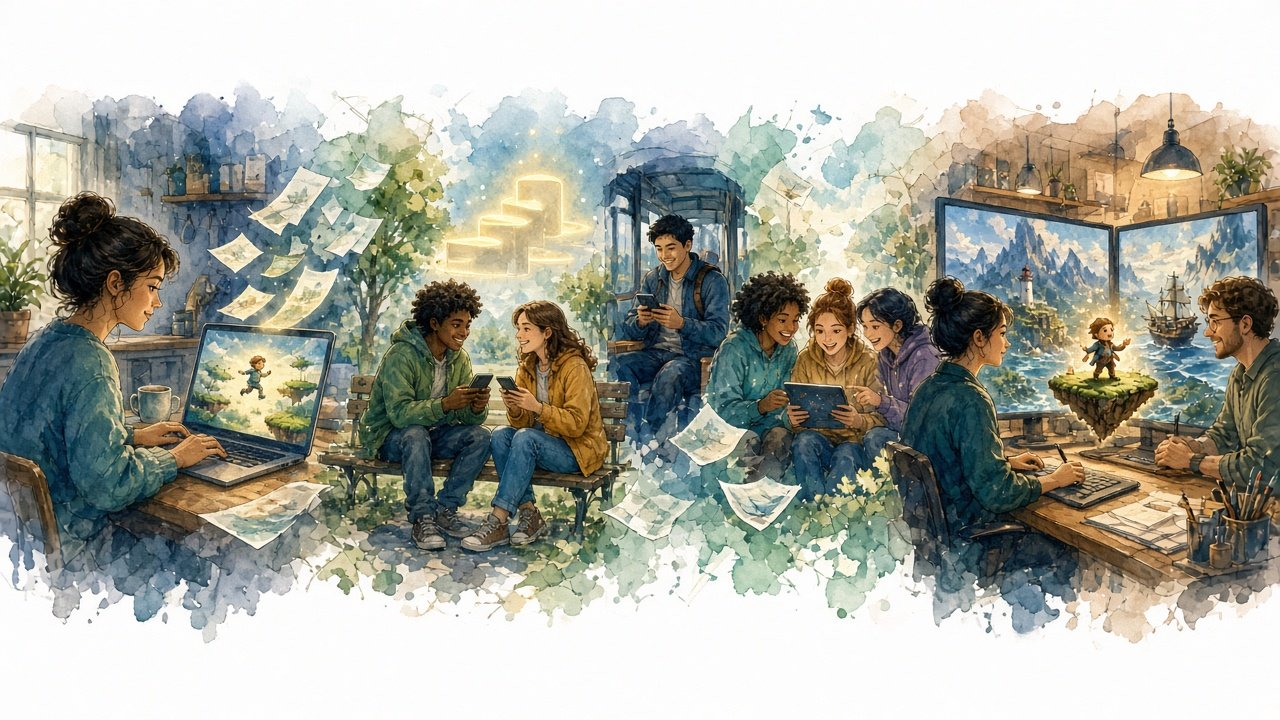 Figure: Left to right — a creator sketches a simple game in text at home, the game is shared with different people and played competitively among friends, and creators later grow the same character into a richer 3D world in a studio (editorial illustration — no text or logos; not actual platform screens).