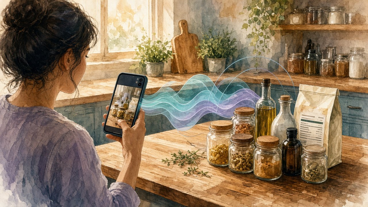 圖：廚房與餐桌旁，一位使用者手持手機鏡頭對準瓶罐與標籤；半透明語音光帶與溫和的 reframing 提示弧線環繞畫面，暗示對話式視覺協助（意象插畫，無文字、無標誌，非實際介面）。
