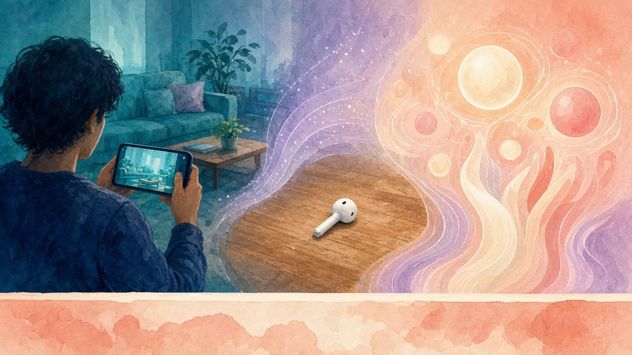 Body: Left, a loop of scene description after camera share; center, spoken reframing cues guiding the lens; right, accessibility shortcut entrances; a soft guardrail marks non-navigation / not a white-cane substitute (illustration — no text or logos; not a real UI).
