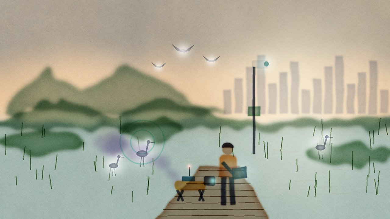 圖：清晨的濕地旁，監測鏡頭守望水邊白鷺，一名環保人員手持平板沿木棧道前行，智慧偵測犬在前方循氣味追蹤（意象插畫，無文字、無標誌，非實際設備）。
